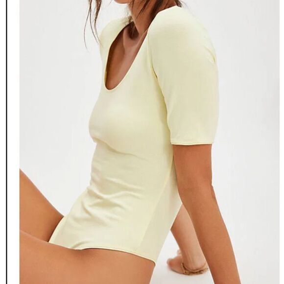 NWOT Free People High Noon Bodysuit Yellow Short Sleeves Scoop Neck S Cotton - Picture 15 of 15